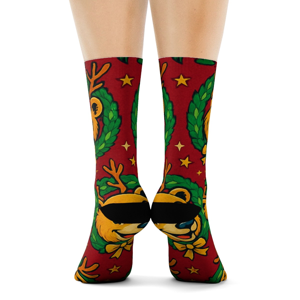 Reindeer Bear Wreath Medallion Repeat On Cranberry Red Background comfortable cotton crew socks