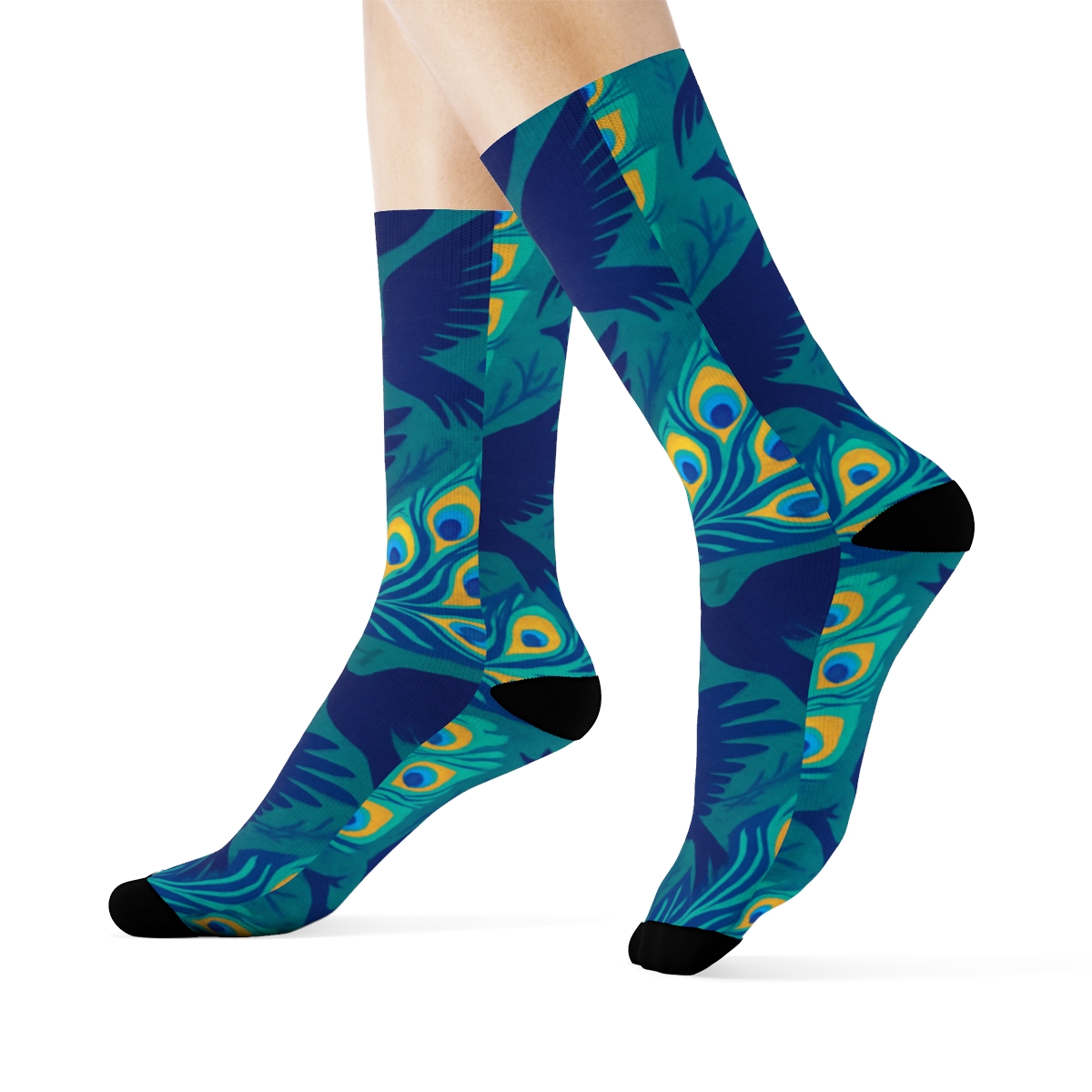 Peacock Plume Wave On Teal Ground designer printed crew socks