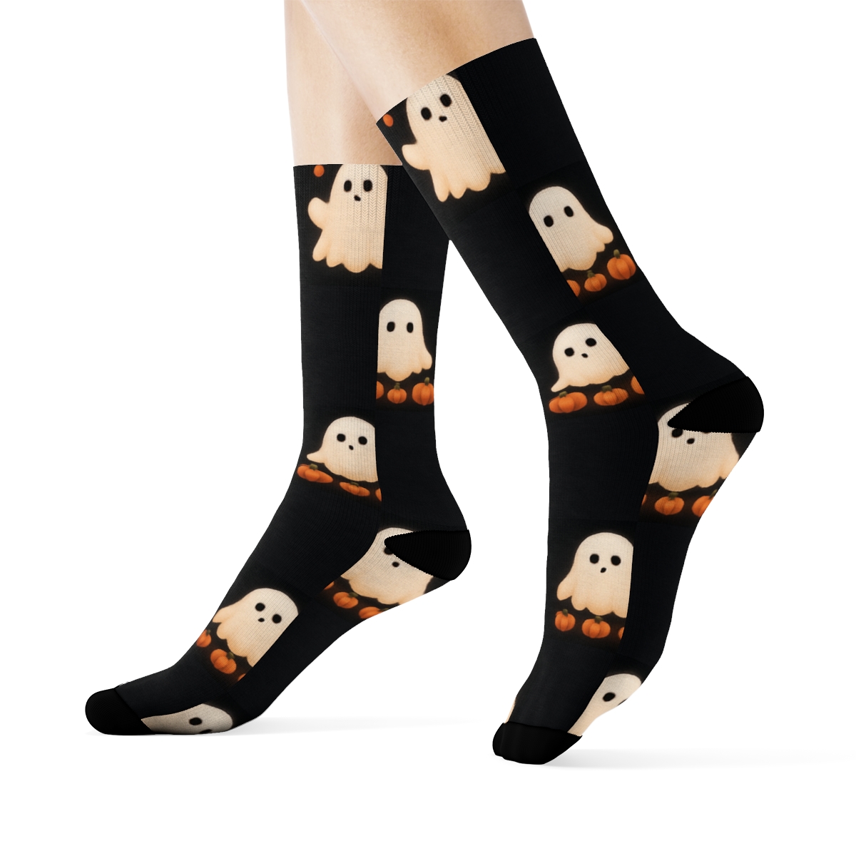 Ghost And Pumpkin Checkerboard On Black Background personalized crew socks