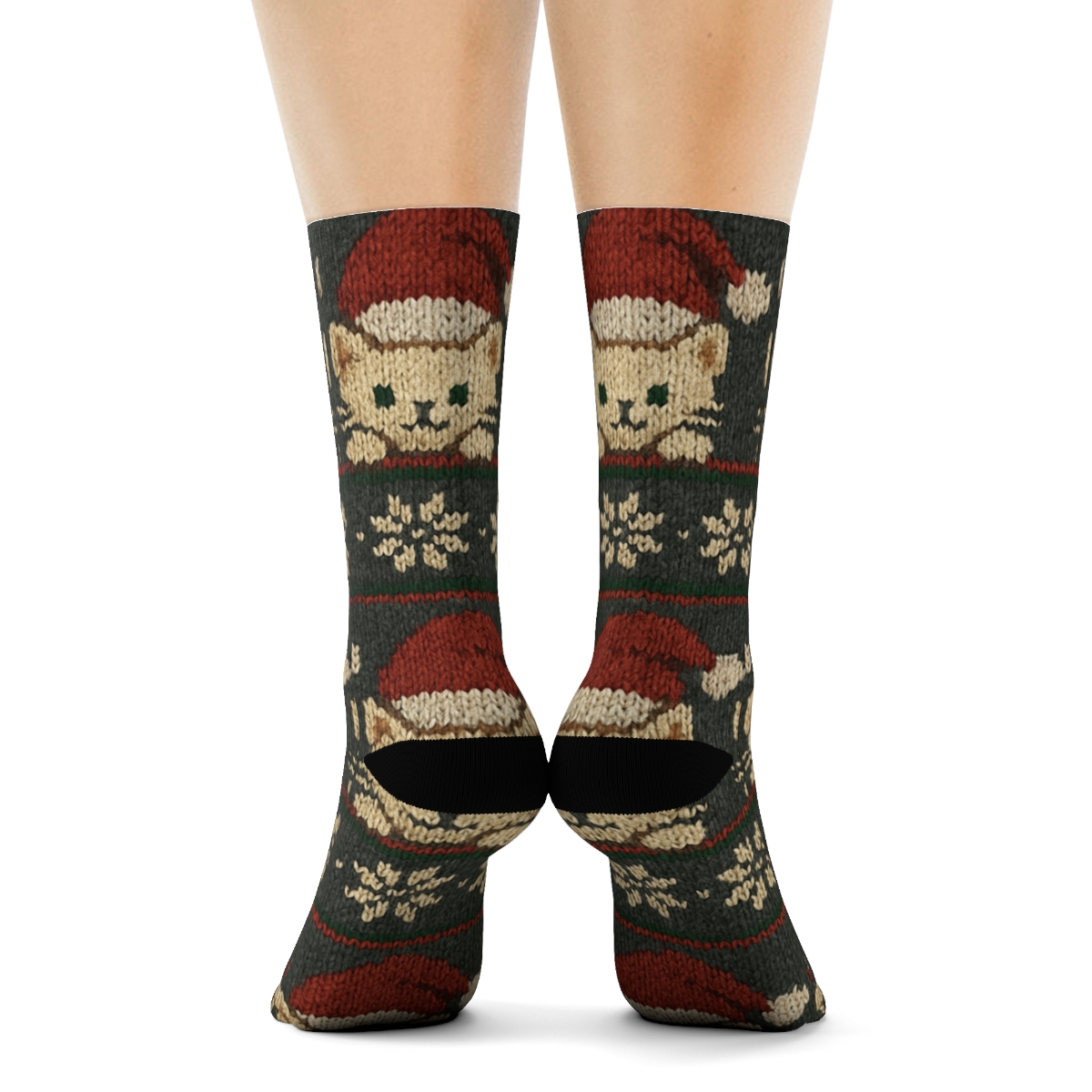 Knitted Santa Hat Kittens Stripe On Charcoal stylish athletic crew socks