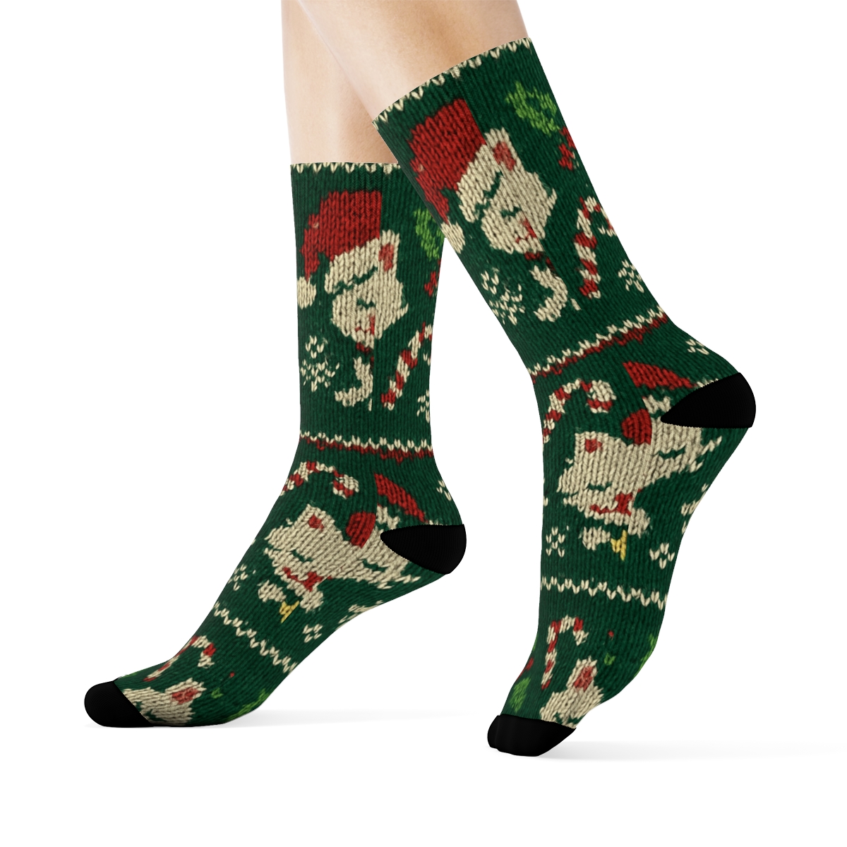 Emerald Knitted Christmas Kittens Fair Isle Repeat trendy patterned crew socks