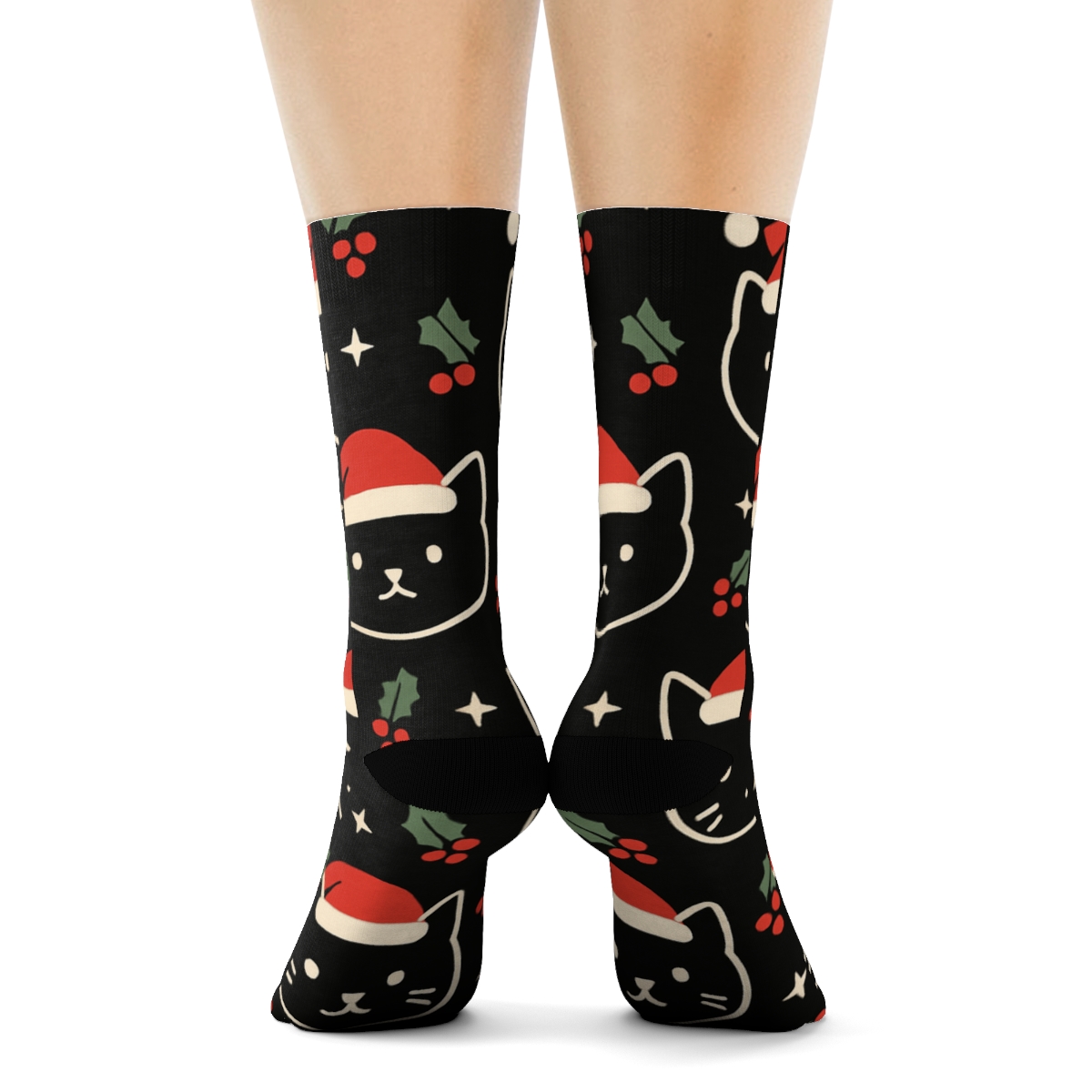 Santa Hat Cat Face Grid On Black Background custom crew socksSanta Hat Cat Countenance Grid on Black Background Crew Socks - Image 4