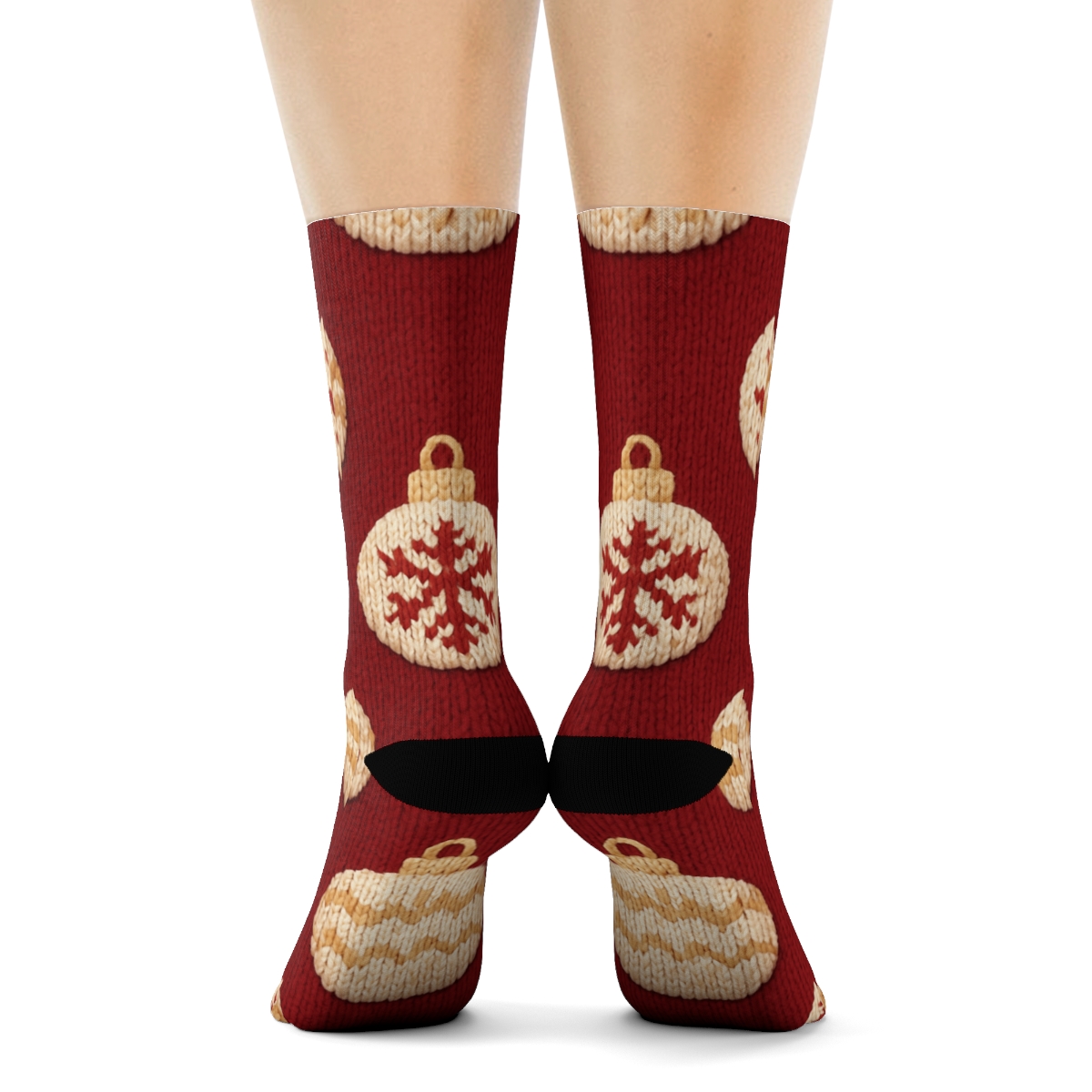 Knitted Illusion Xmas Ornament Grid On Cranberry trendy patterned crew socks