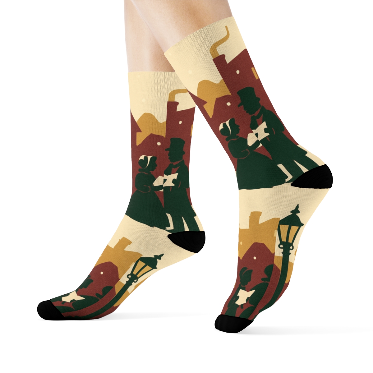 Caroling Scene Frieze Christmas comfortable cotton crew socks