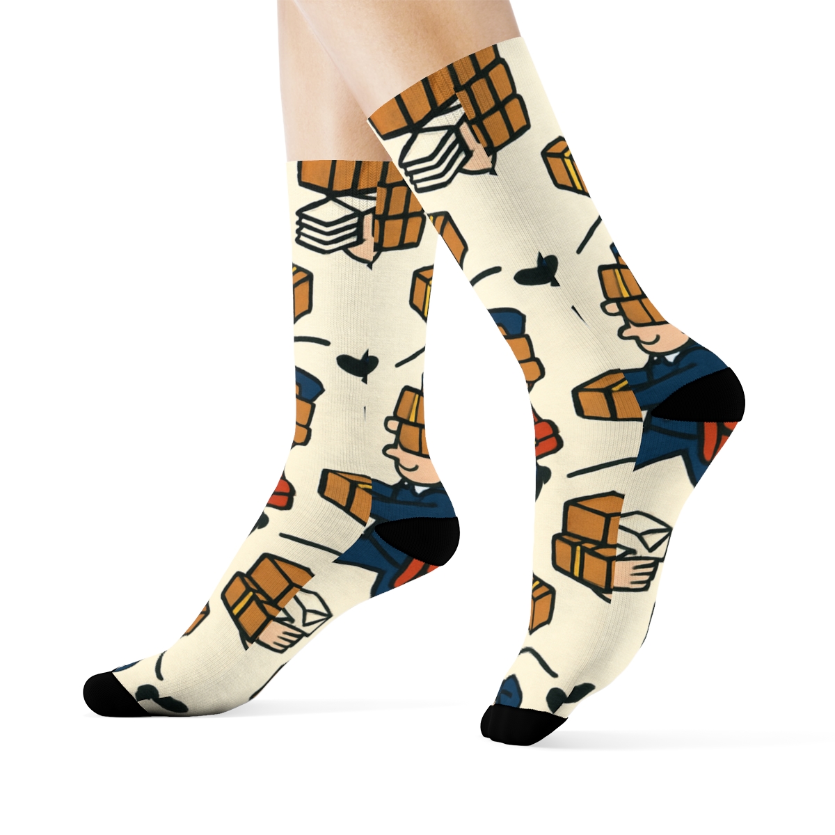 Parcel Parade With Postal Worker Characters On Warm White unique graphic crew socks
