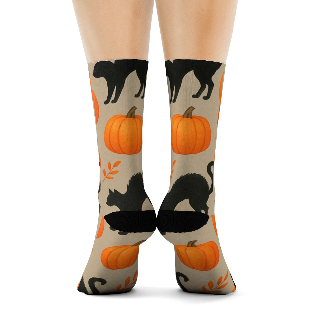 Black Cat And Pumpkin Diagonal March On Proper Neutral Background soft everyday crew socks