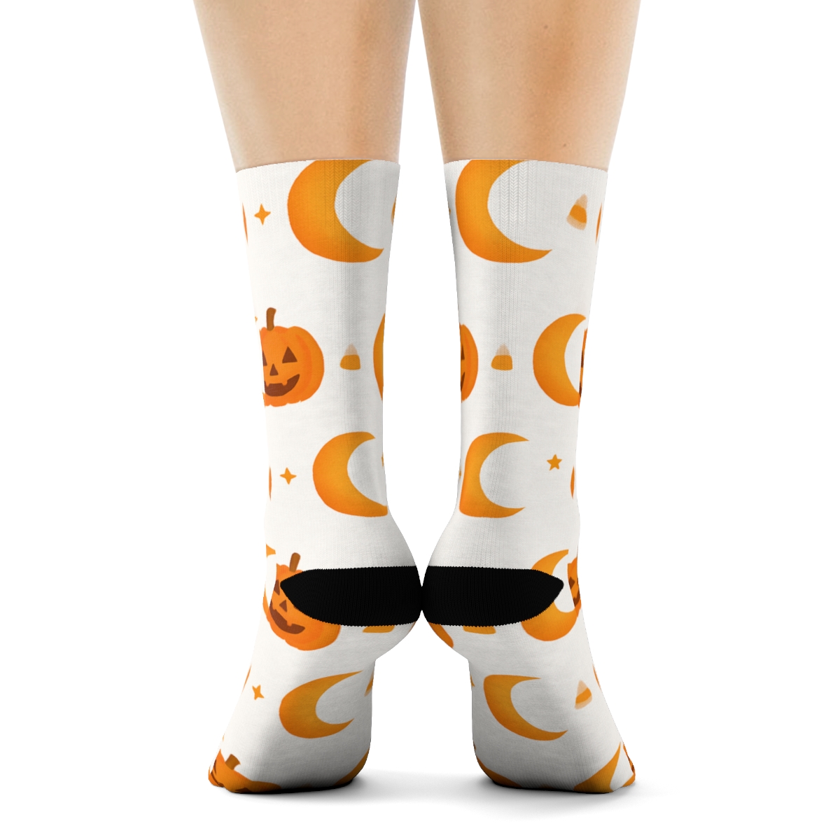 Crescent Moon And Pumpkin Phase Row On White Background designer printed crew socksCrescent Moon and Pumpkin Phase Row on White Background Crew Socks - Image 4