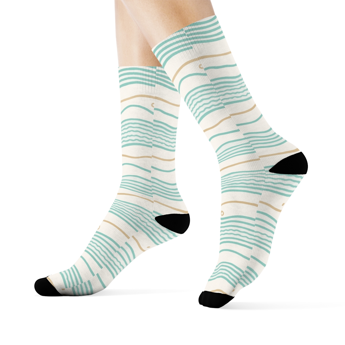 Seafoam Tide Band Topography designer printed crew socks