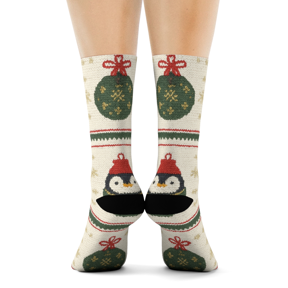 Knitted Penguin Ornament Stripes On Cream White Background premium sports crew socks