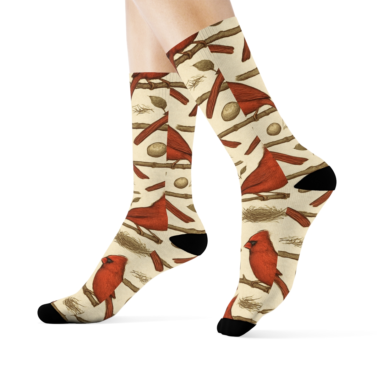 Cardinal Branch Band Repeat On Ivory Background comfortable cotton crew socks