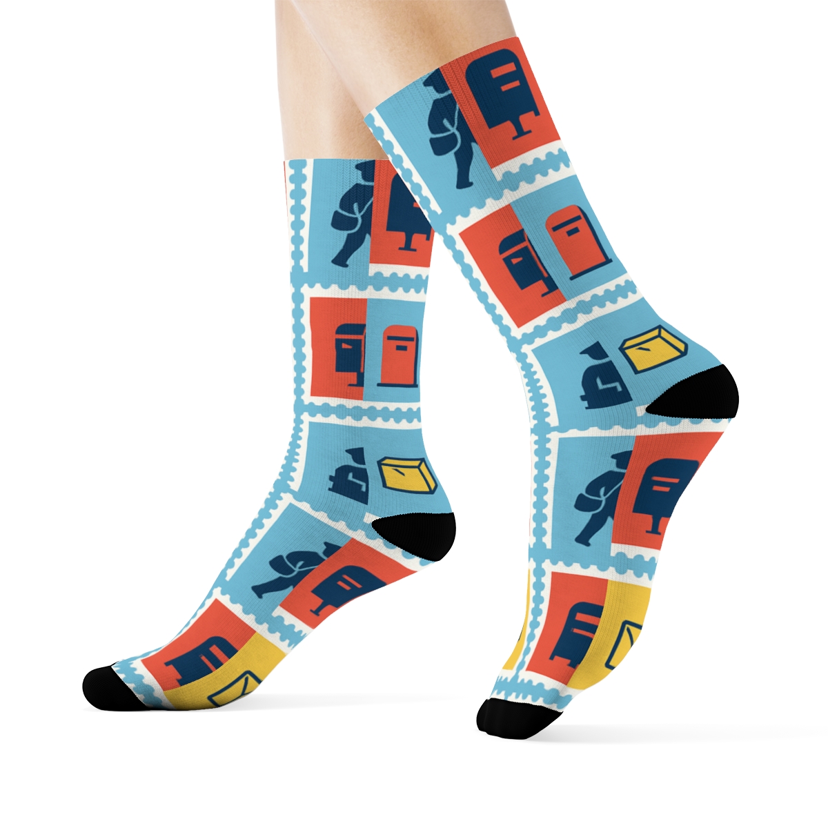 Stamp Grid With Postal Worker Silhouettes designer printed crew socks