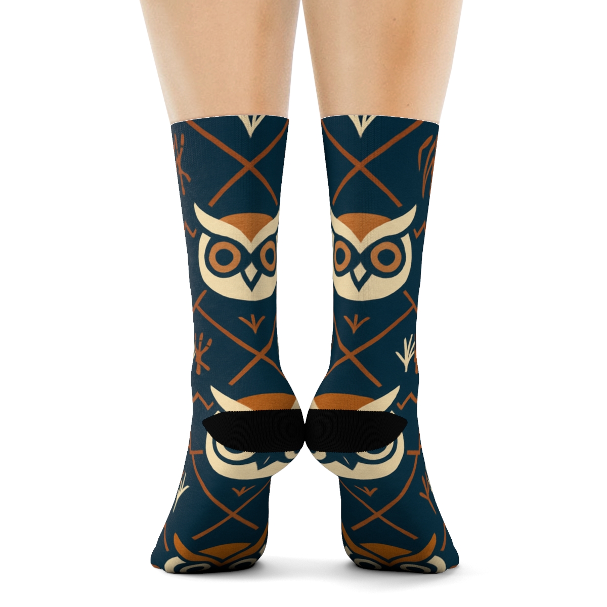 Owl Mask Lattice On Midnight Blue Background soft everyday crew socks