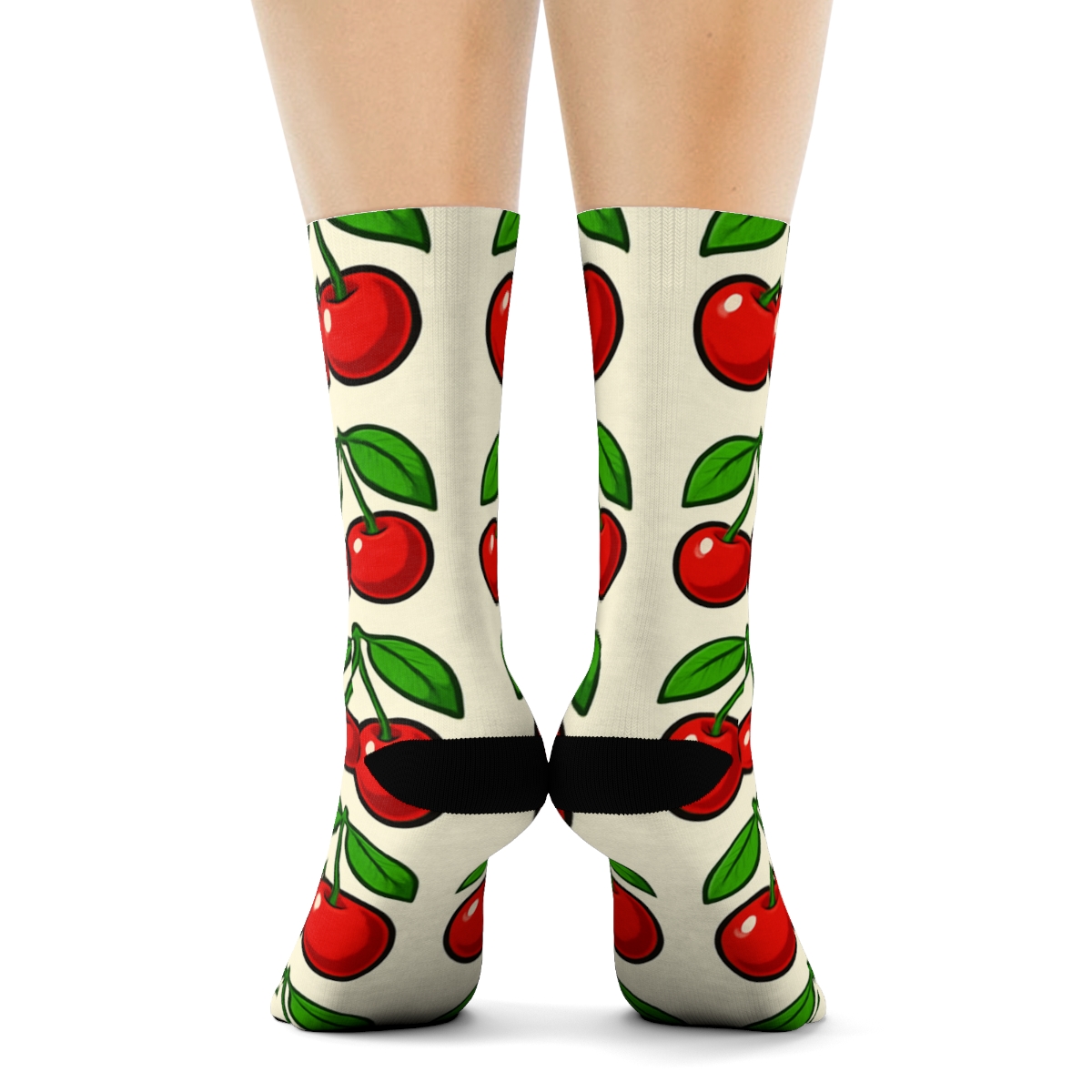 Paired Cherry Grid On Cream soft everyday crew socks