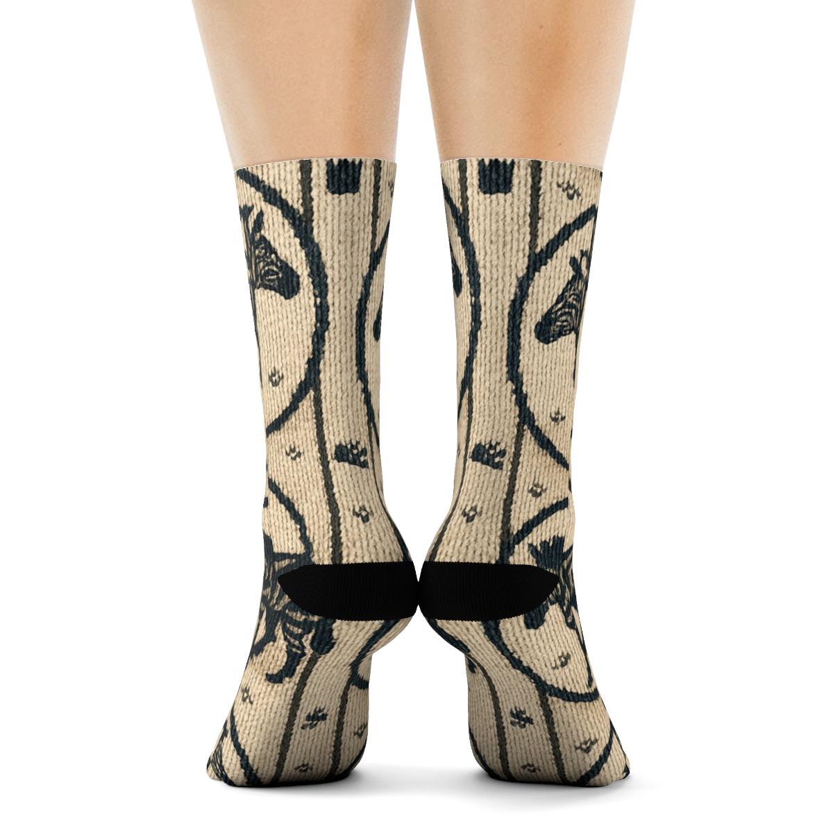 Knitted Zebra Silhouette Medallions On Warm Cream soft everyday crew socks