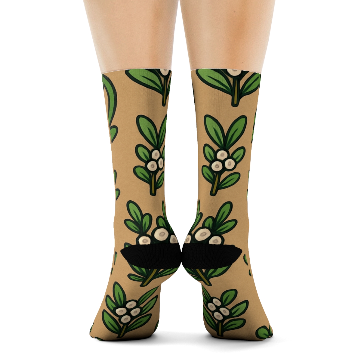 Paired Kissing Sprigs Pattern With Mistletoe Midline stylish athletic crew socks