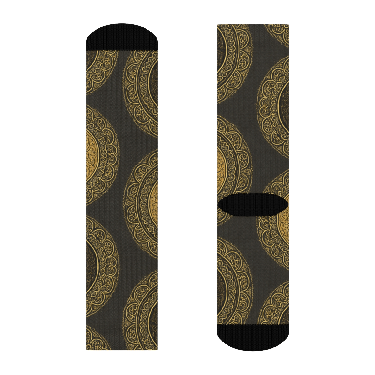 Gold Filigree Duality Mandala Tiles On Charcoal trendy patterned crew socks