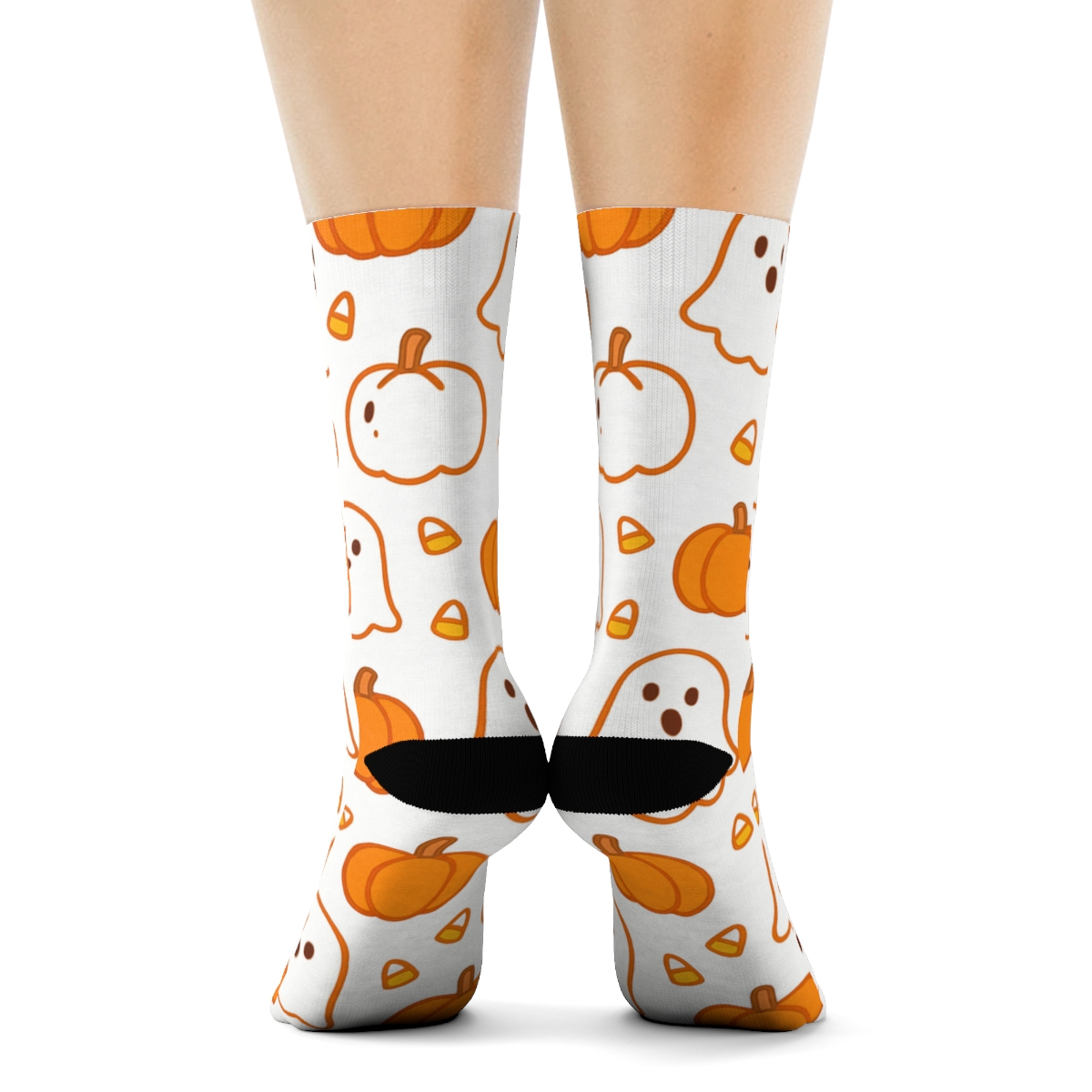 Ghost And Pumpkin Polka Tile On White Background soft everyday crew socks
