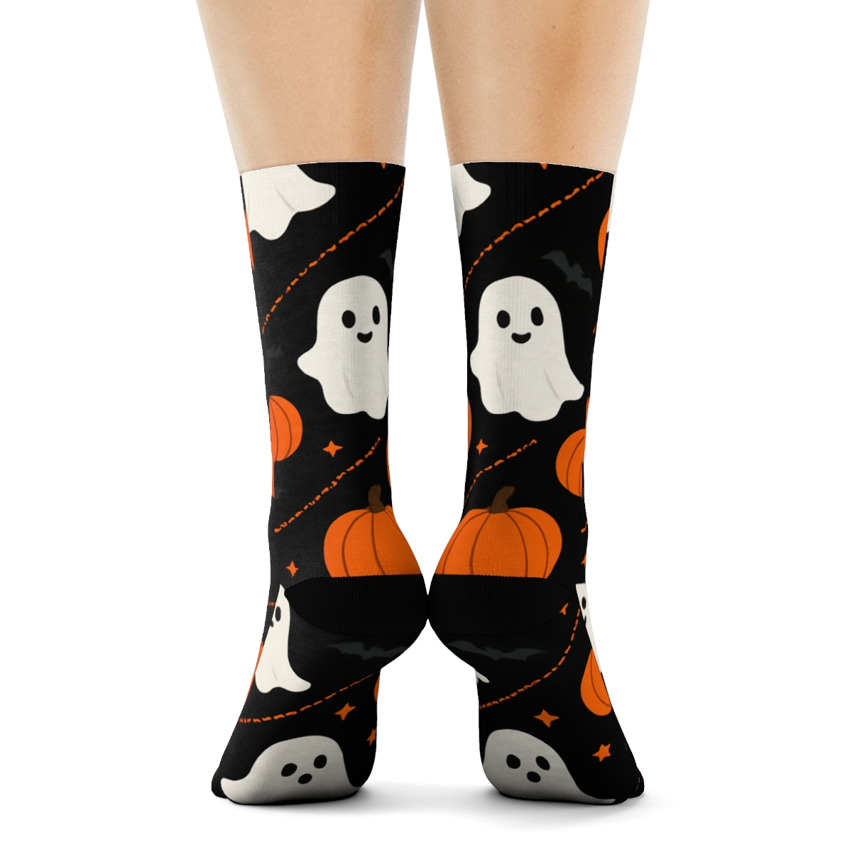 Ghost And Pumpkin Diagonal Chain On Black Background designer printed crew socks