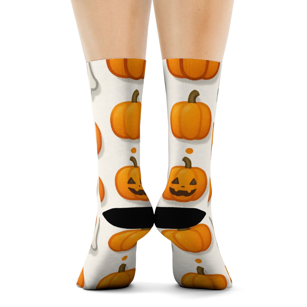 Ghost And Orange Pumpkin Alternating Columns On White Background unique graphic crew socks