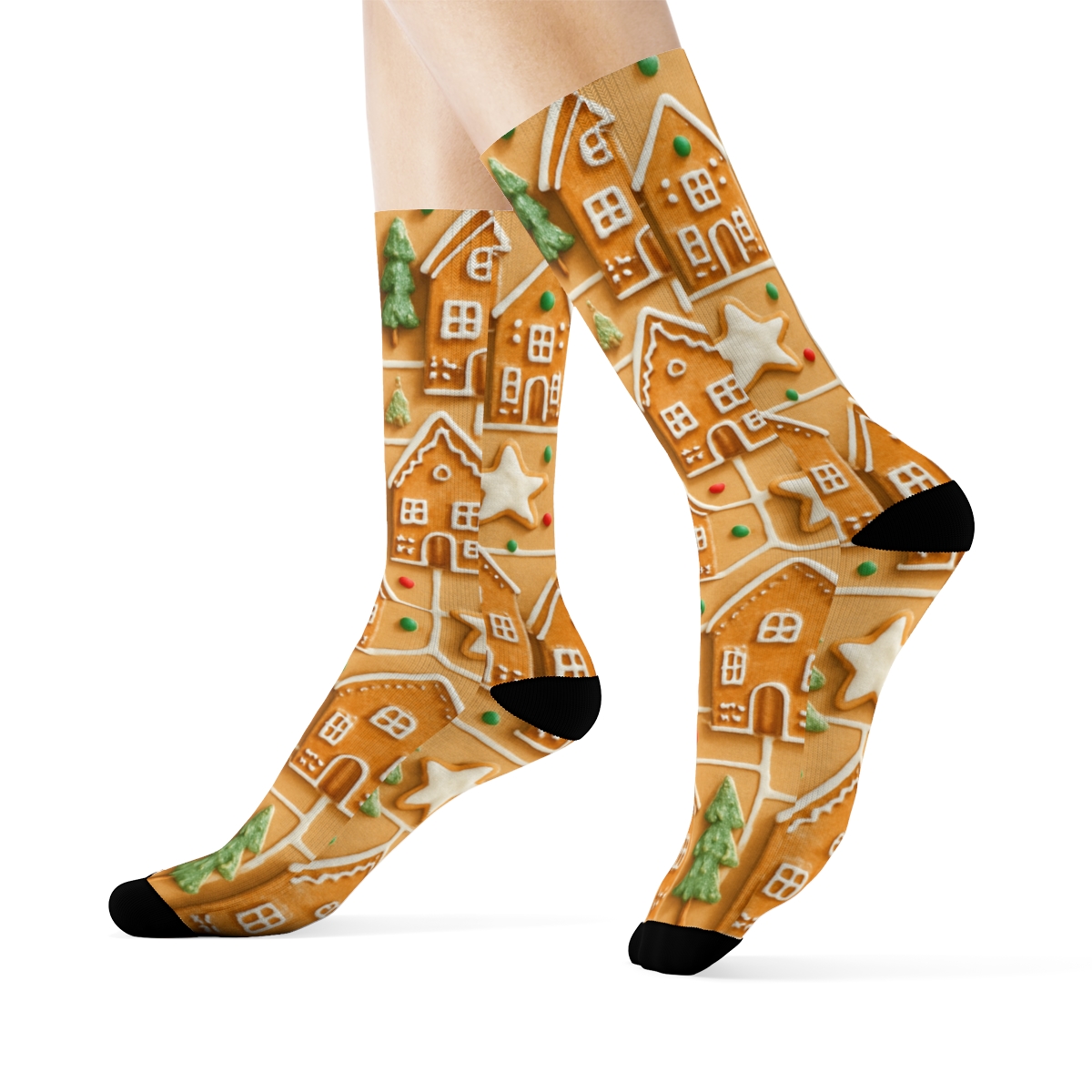 Gingerbread Village Christmas Mosaic premium sports crew socks