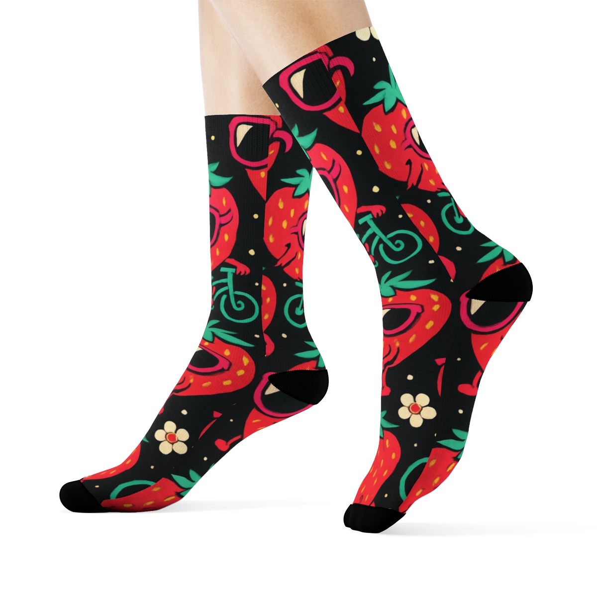 Playful Sunglasses Strawberry Parade On Black Background trendy patterned crew socks
