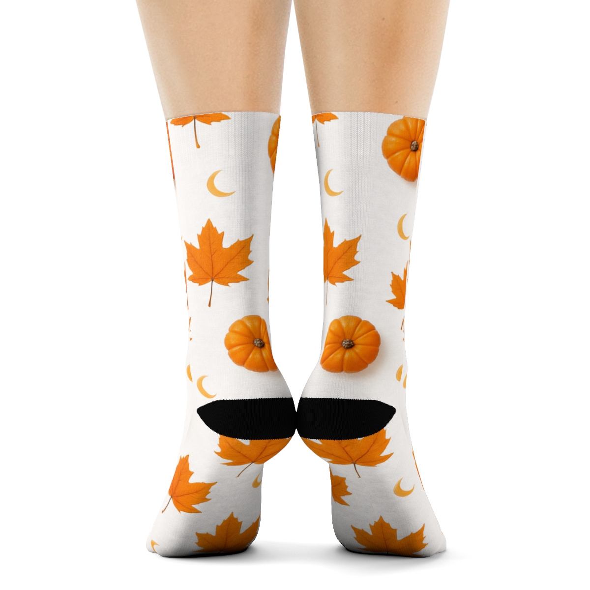 Autumn Leaf And Mini Pumpkin Scatter Grid On White Background custom crew socks