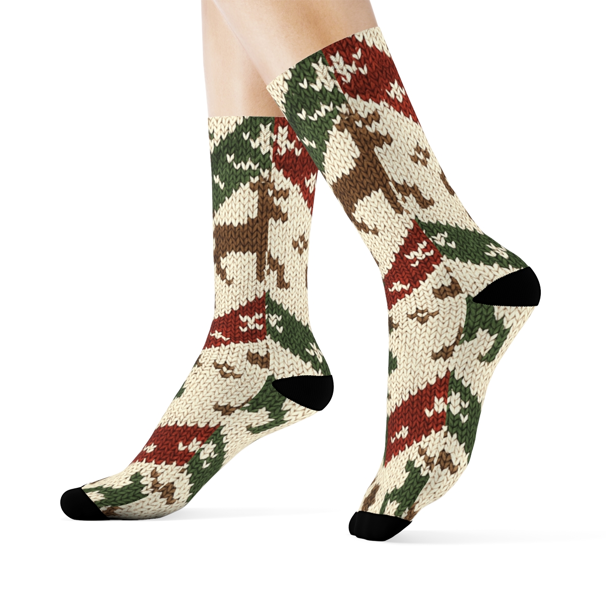 Xmas Knit Illusion Reindeer Chevron On Cream soft everyday crew socks