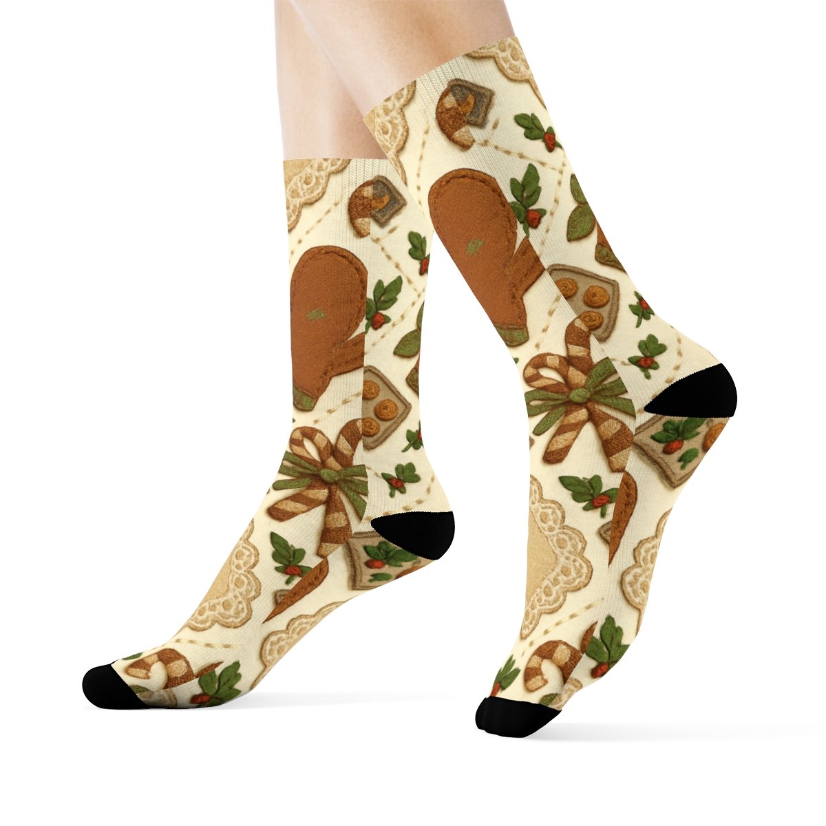 Stitched Textile Motif Mrs. Claus Mitten Tessellation soft everyday crew socks