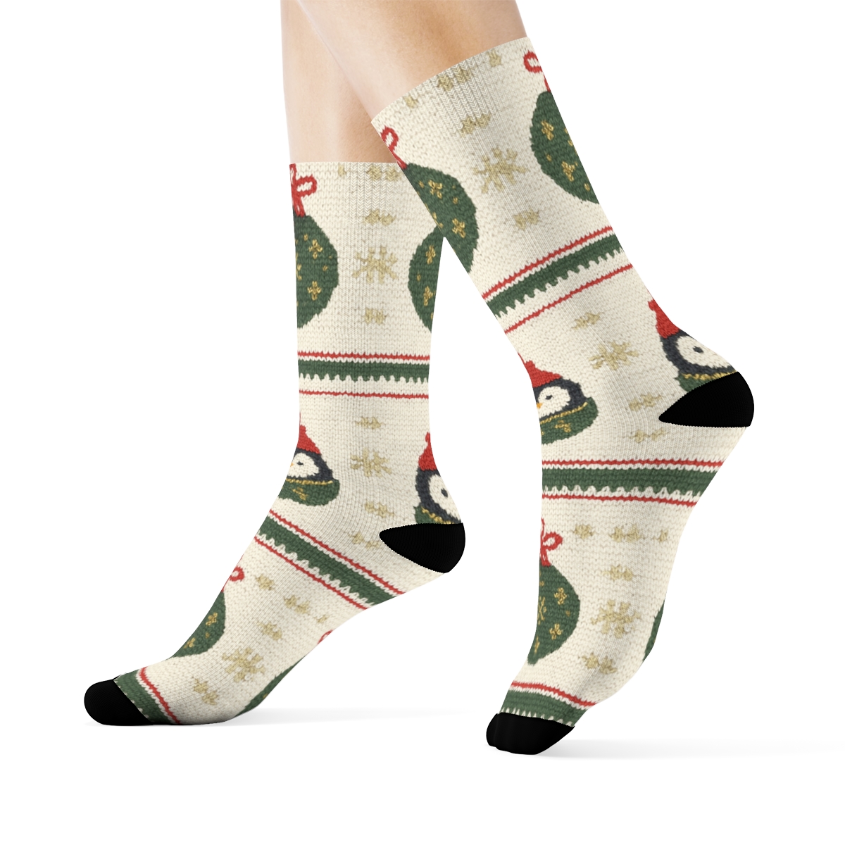 Knitted Penguin Ornament Stripes On Cream White Background premium sports crew socks