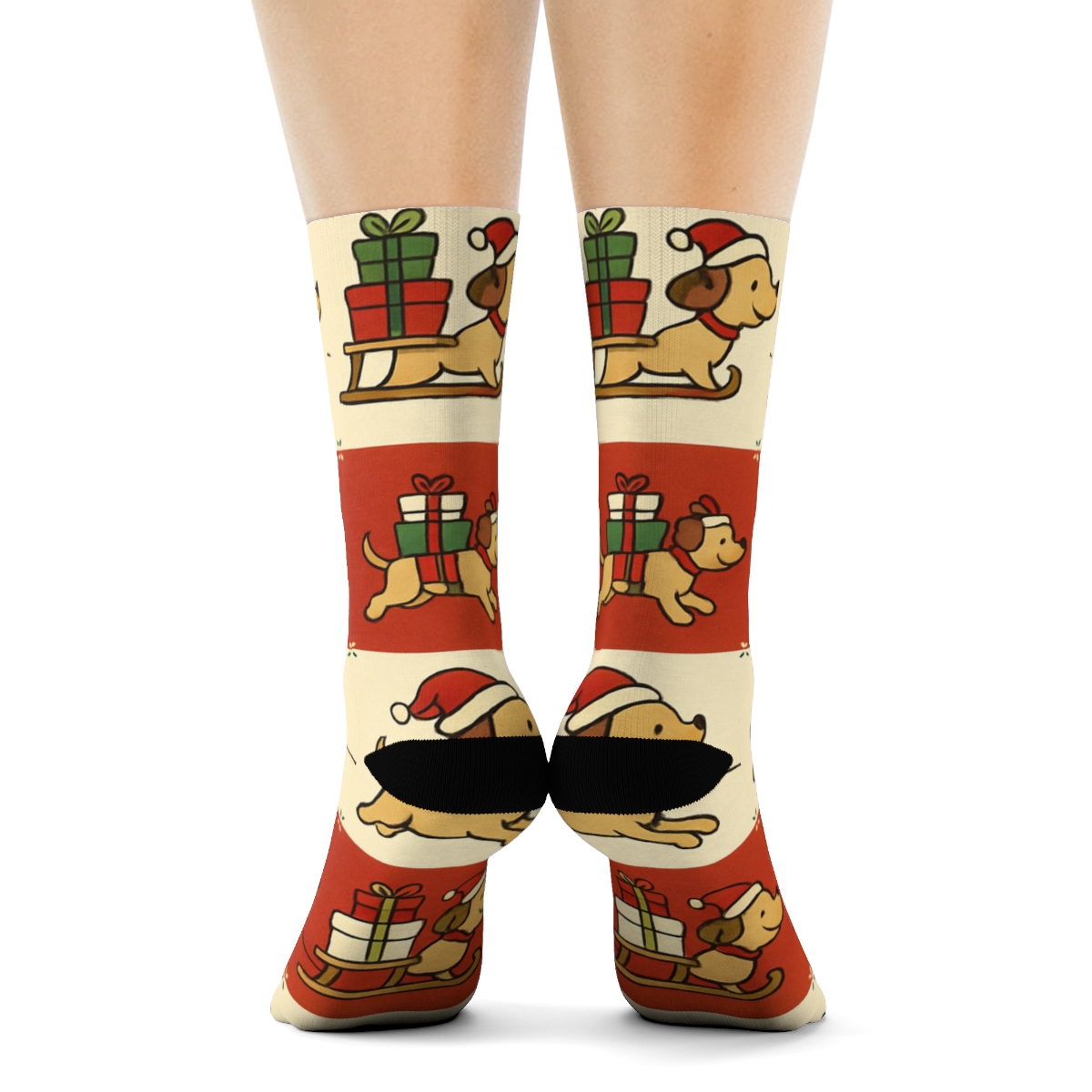 Dog Sled Santa Gift Box Checkerboard On Pine Green Background custom crew socks