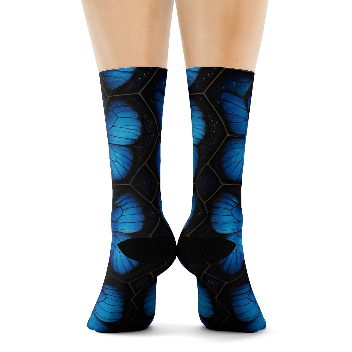 Iridescent Blue Morph Mosaic On Charcoal custom crew socks