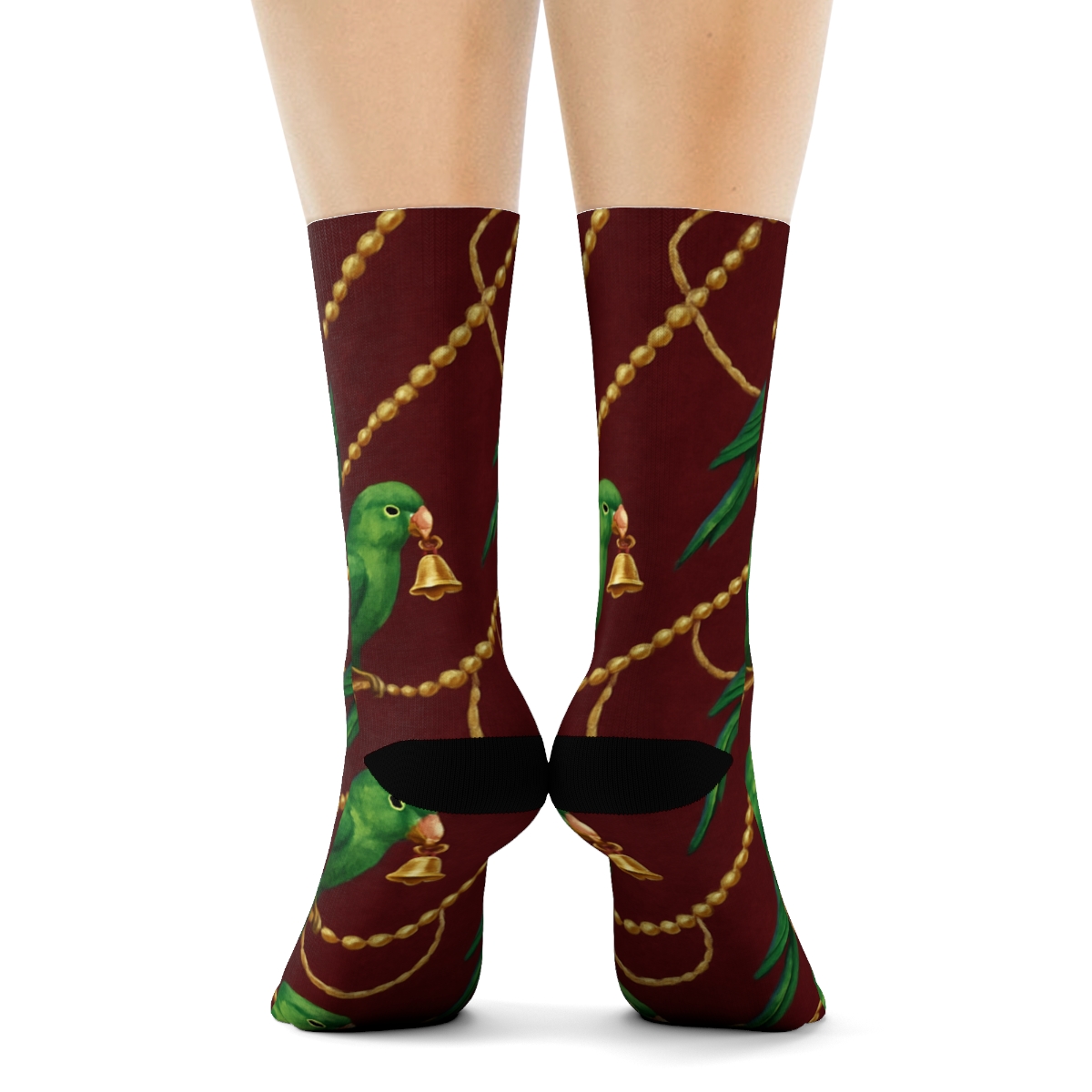 Golden Bell Parrot Diagonal Garland On Burgundy Background designer printed crew socks