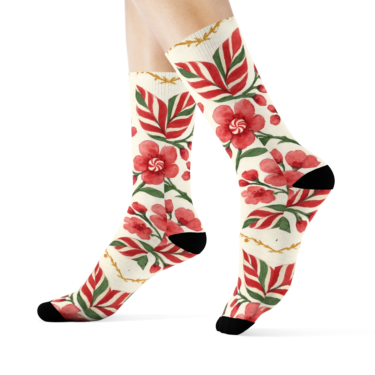 Candy Cane Cherry Blossom Chevron On Warm Ivory Background custom crew socks
