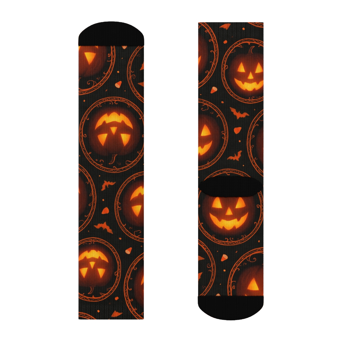 Glowing Jack O Lantern Medallion Tiles On Black Background unique graphic crew socks