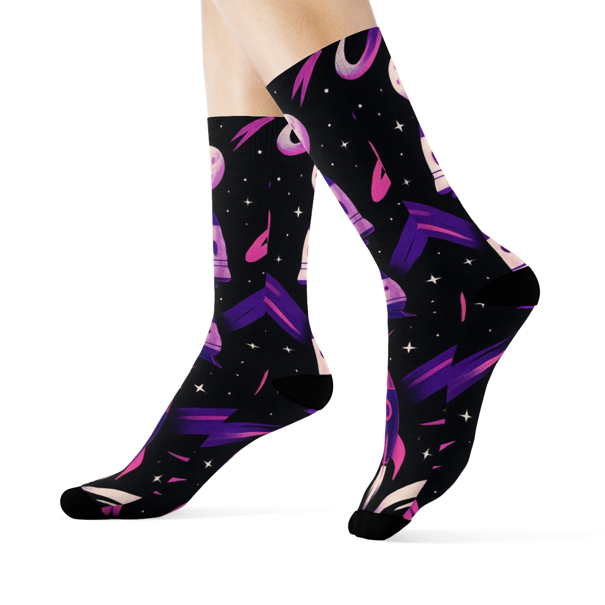 Cosmic Purple Retro Rocket Chevron On Black personalized crew socksCosmic Purple Retro Rocket Chevron on Black Crew Socks - Image 3