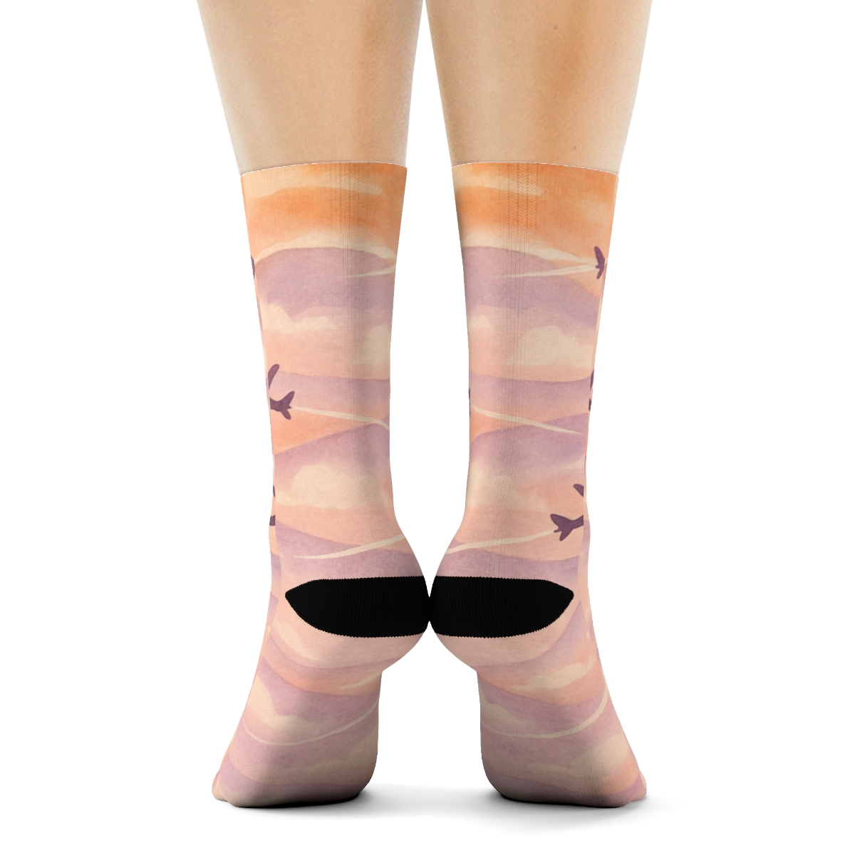 Sunset Painted Sky With Airplane Silhouette Waves personalized crew socksSunset Painted Sky with Airplane Silhouette Waves Crew Socks - Image 4