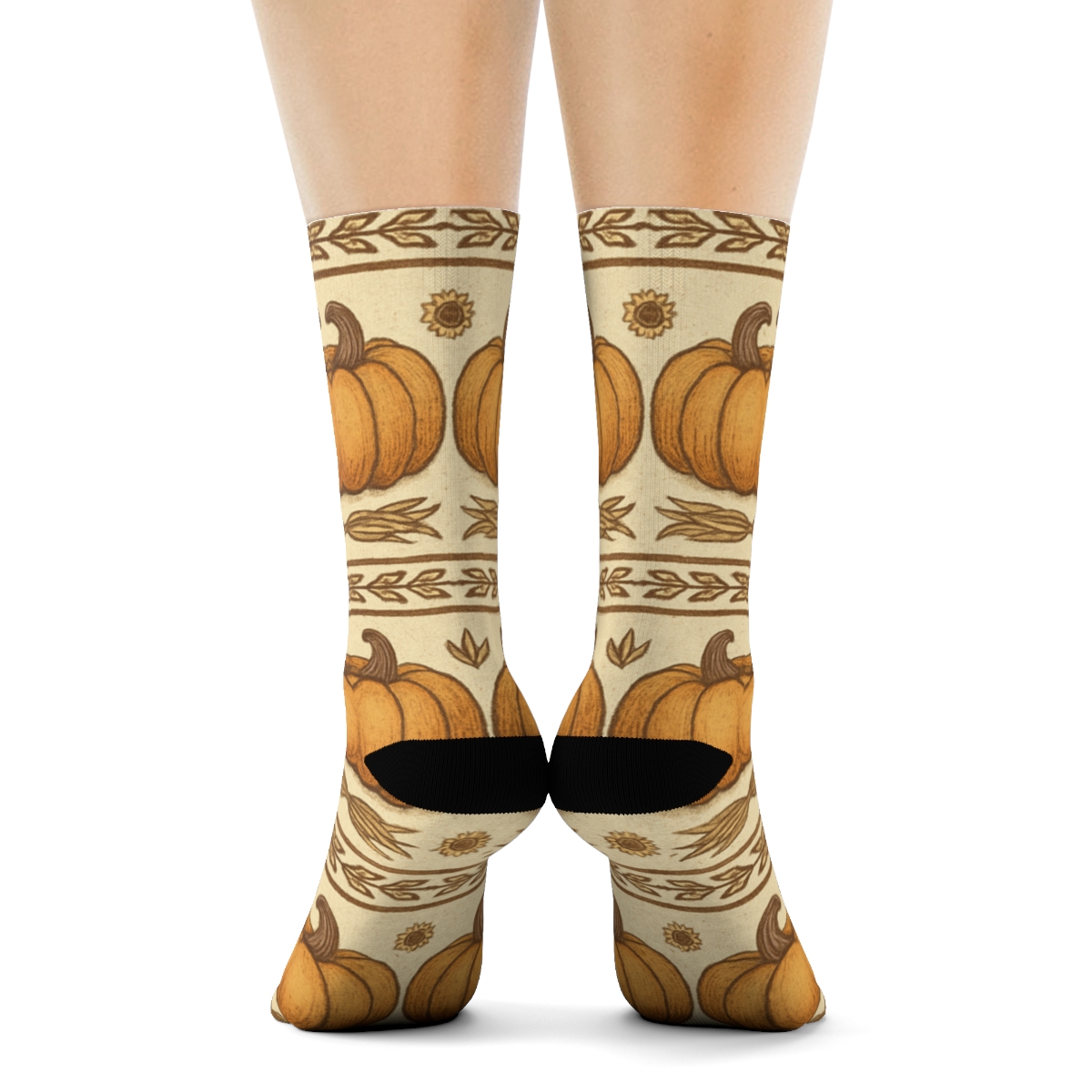 Pumpkin Patch Mirror Repeat On Cream Field designer printed crew socks