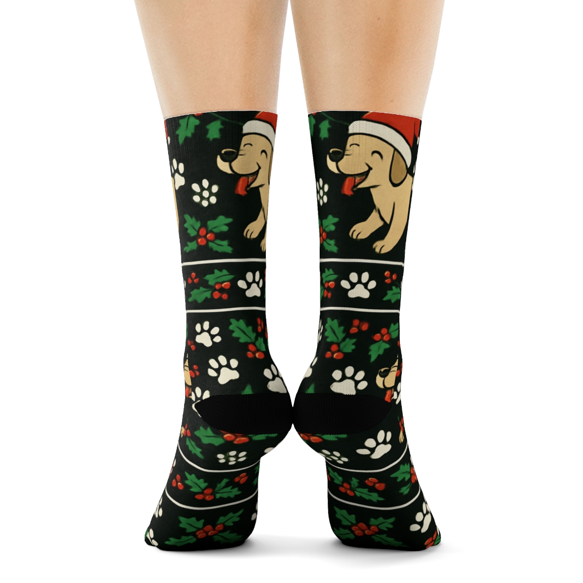 Holly Paw Print Texture Bands With Dogs On Black Background soft everyday crew socks