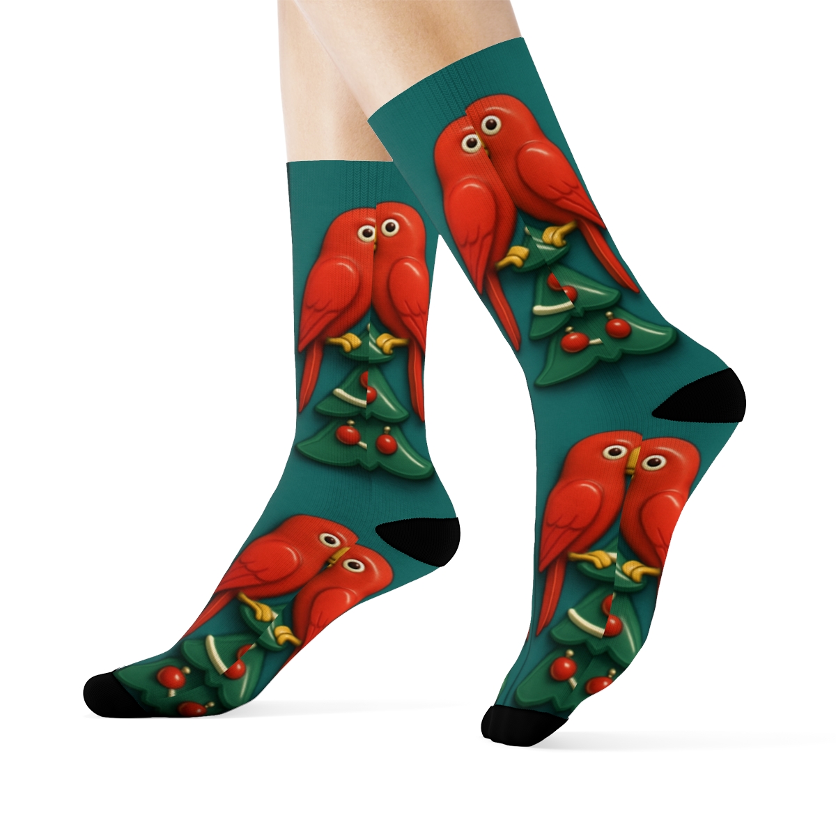 Christmas Tree Parrot Mirror Pair Panels On Teal Background personalized crew socks