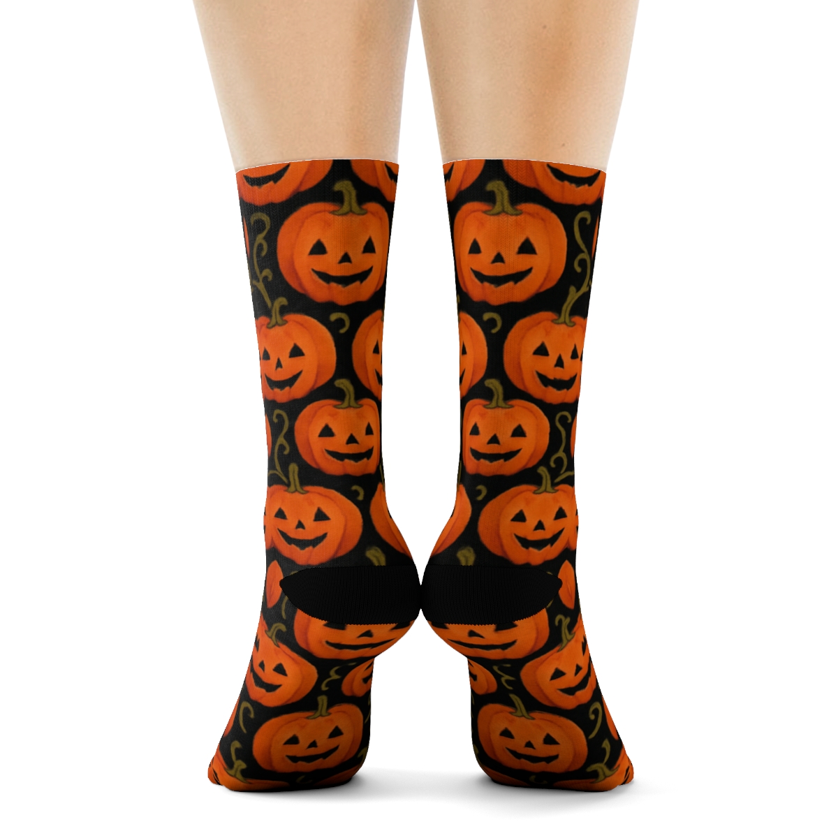 Hexagonal Pumpkin Cluster On Black Background designer printed crew socks