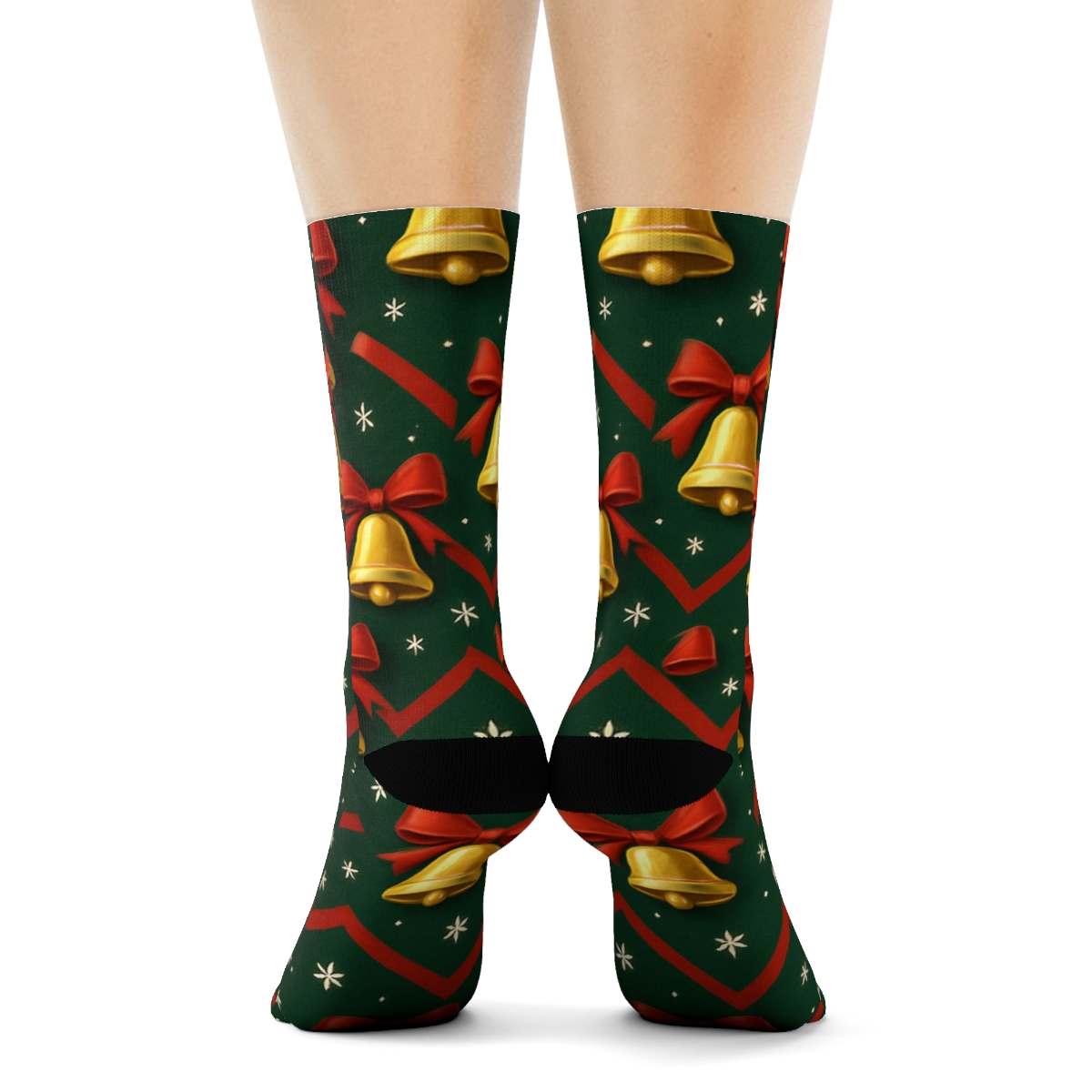 Golden Holiday Bells Chevron On Dark Forest designer printed crew socks