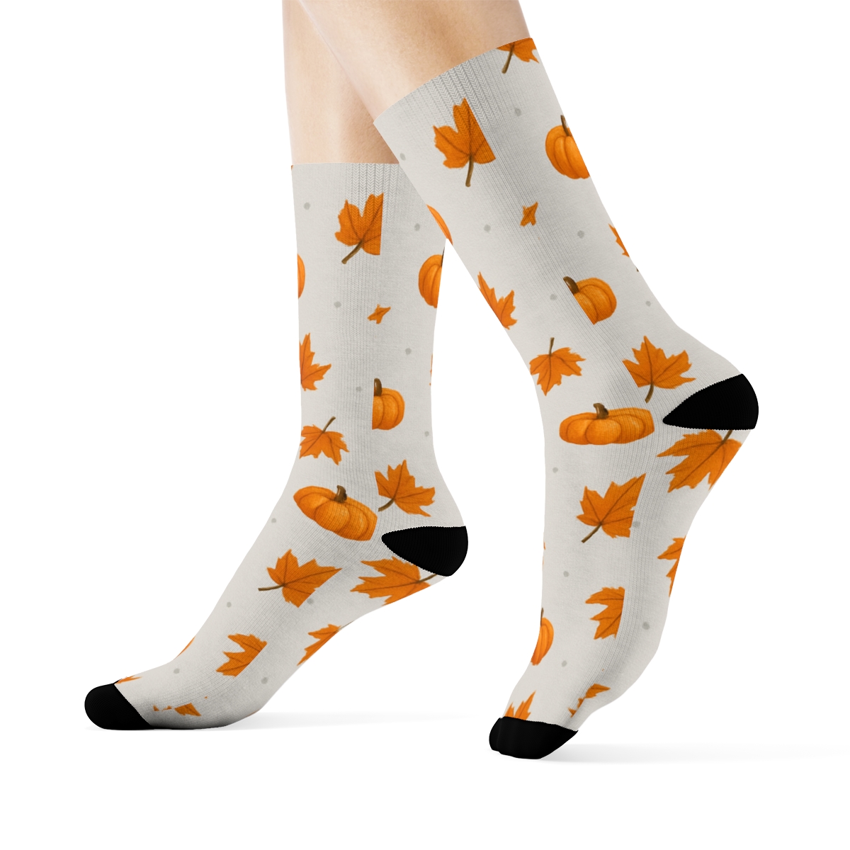 Falling Pumpkin Leaf Diagonal Trails On Soft Gray Background custom crew socks