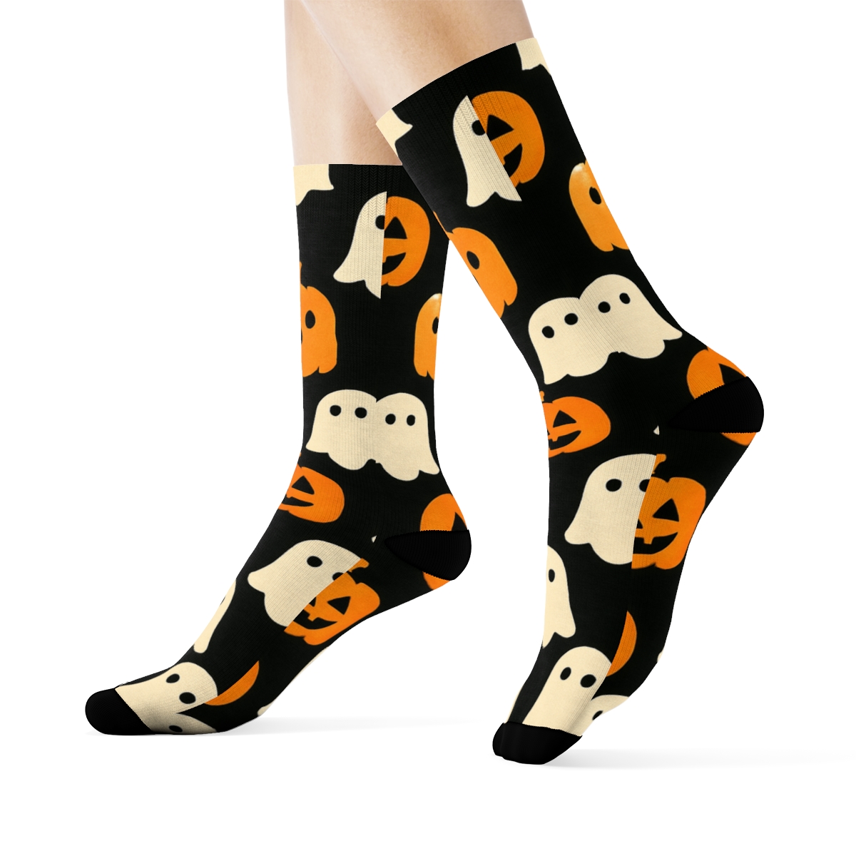 Orange Pumpkin And Ghost Checkerboard On Black Background premium sports crew socks