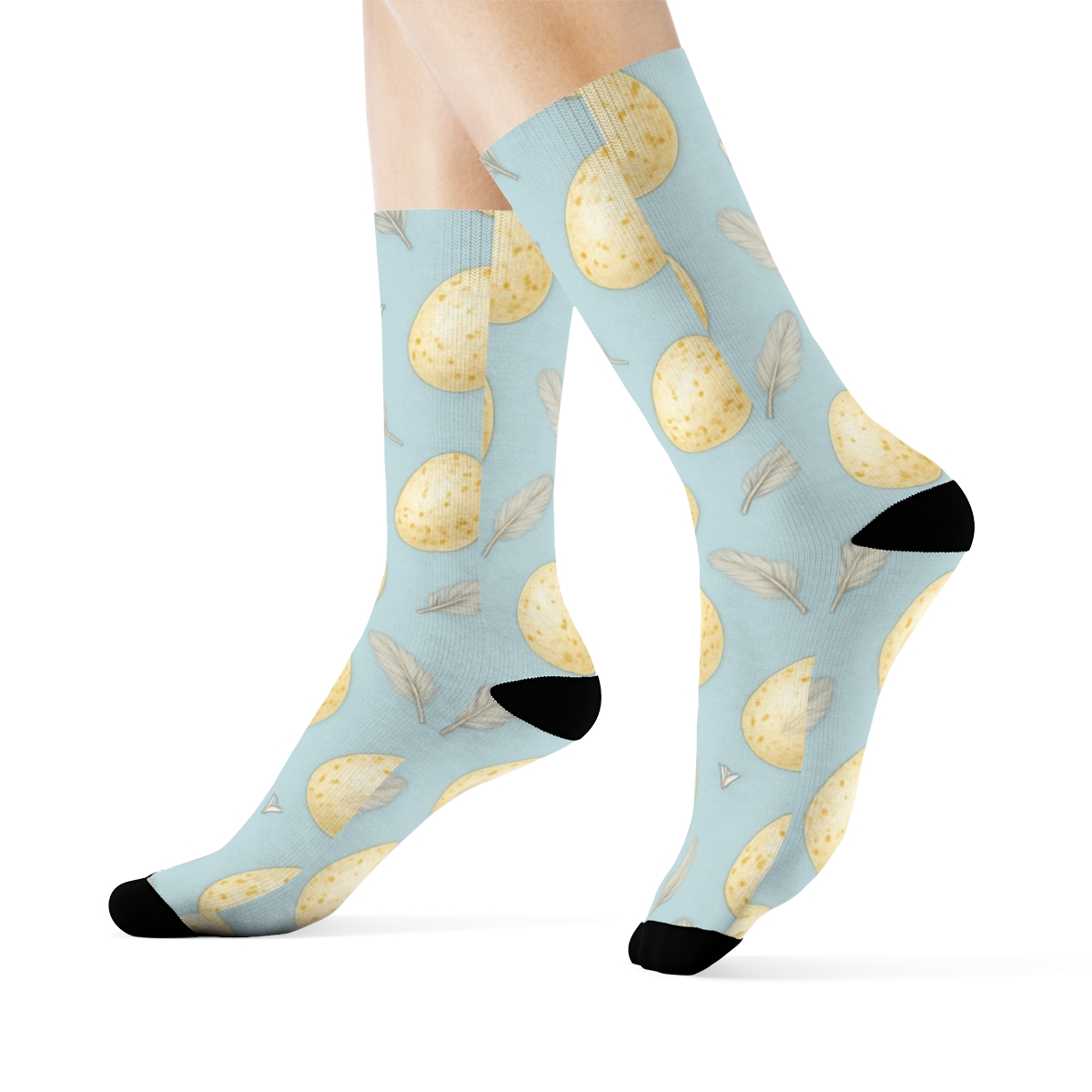 Canary Egg Scatter With Feather Sprigs On Pastel Sky Blue Background custom crew socks