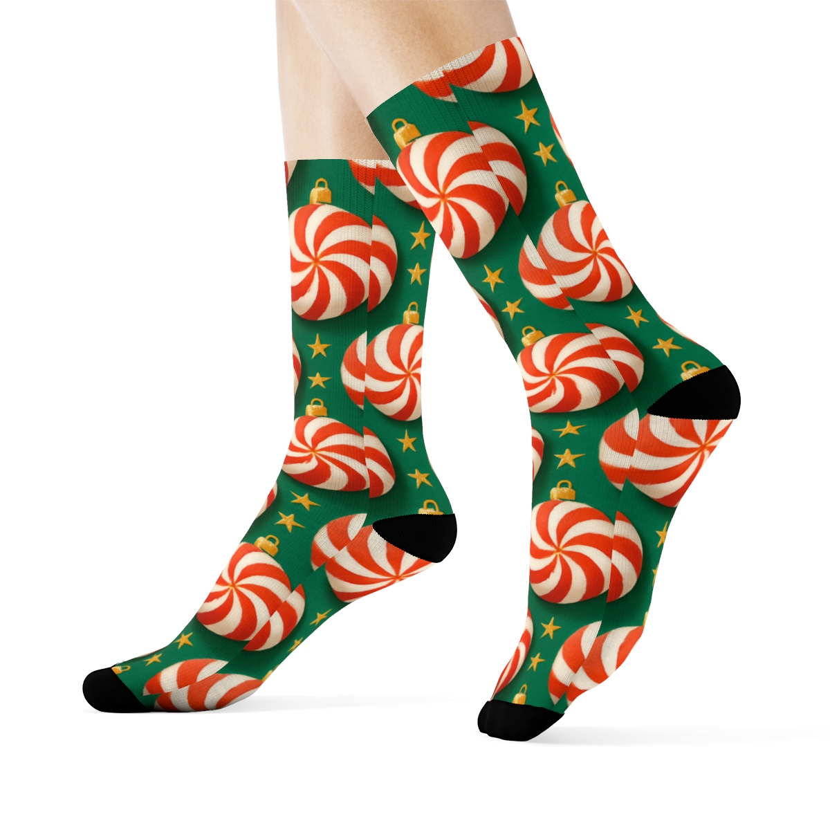Peppermint Spiral Ornaments Holiday Orbit trendy patterned crew socks