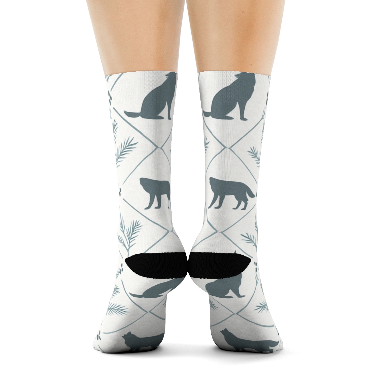 Moonlit Forest Tile With Gray Wolf Silhouettes custom crew socks