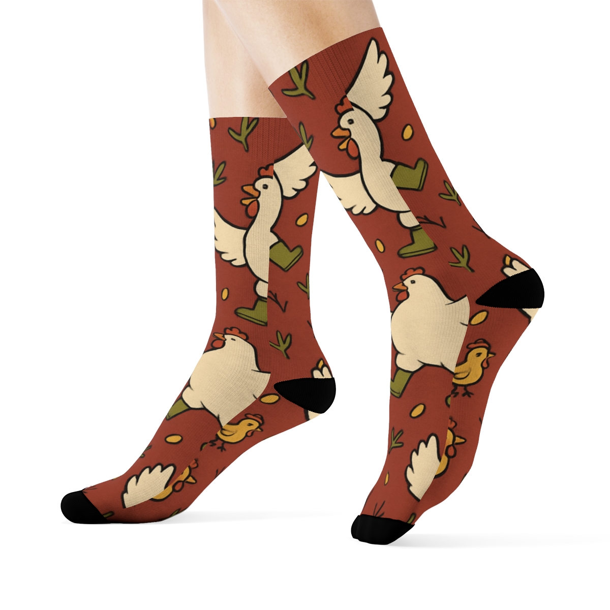 Barn Red Grid With Dancing Hens, Chicken Edition unique graphic crew socks