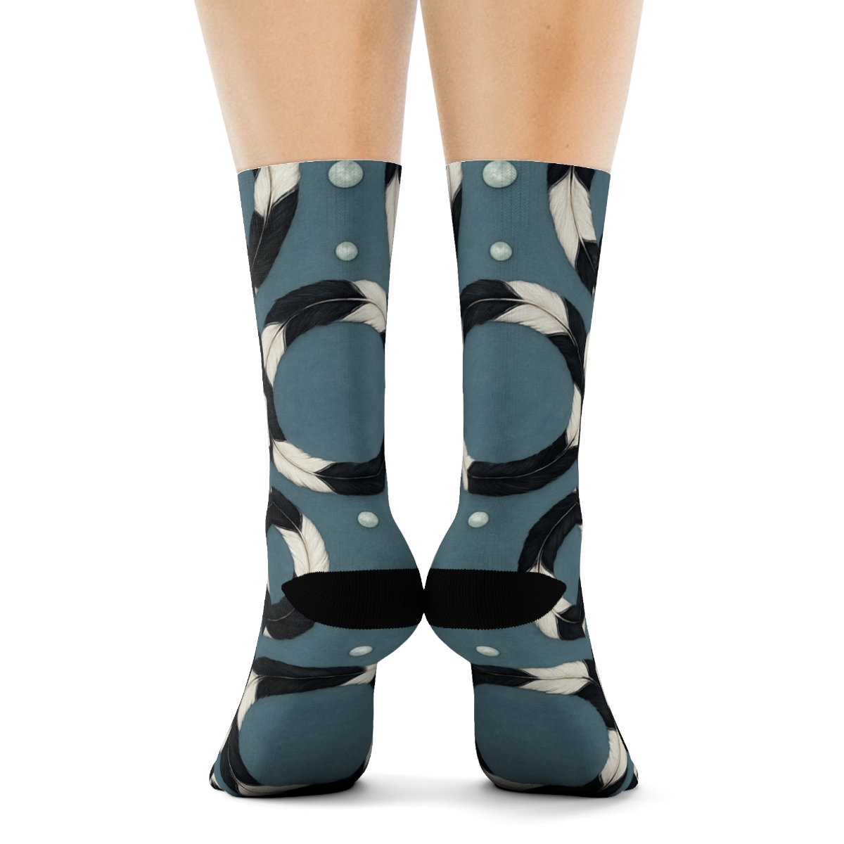 Magpie Feather Ring Orbit On Slate Blue soft everyday crew socks