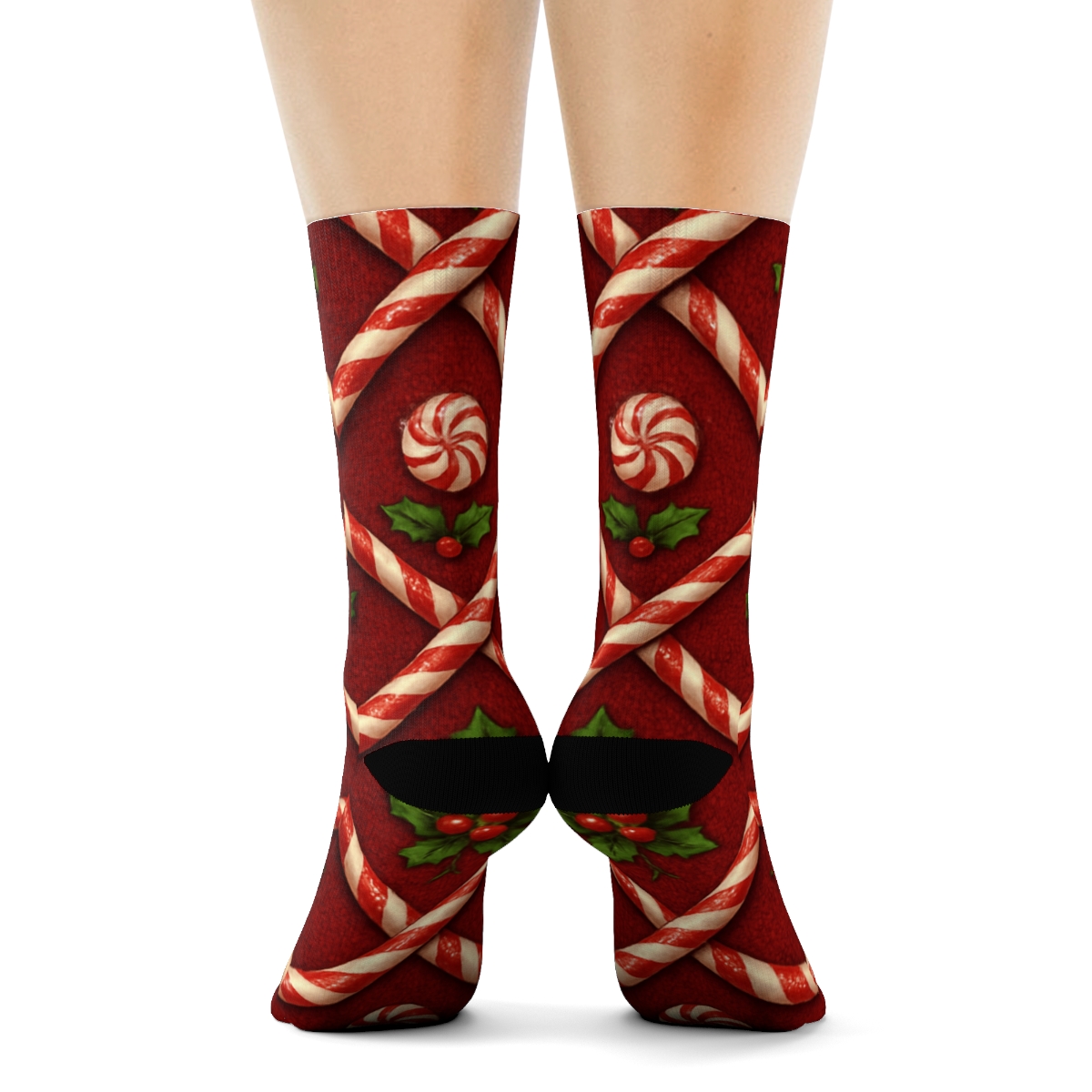 Sugar Dust Candy Canes Lattice On Deep Holiday Red designer printed crew socks