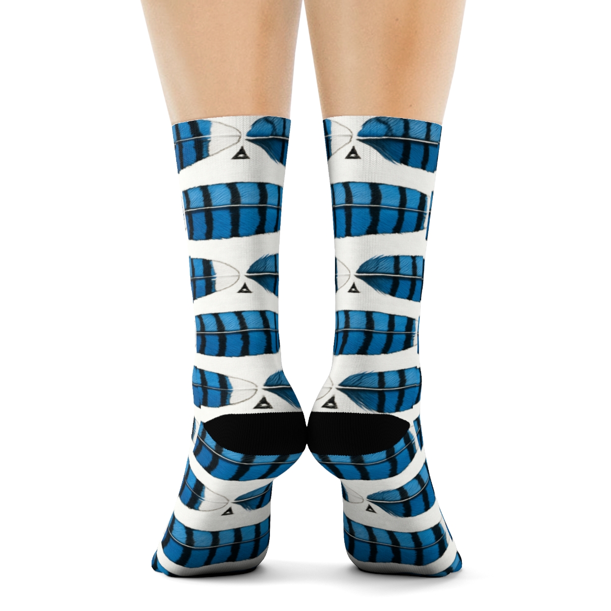 Blue Jay Tail Feather Brick On White comfortable cotton crew socks